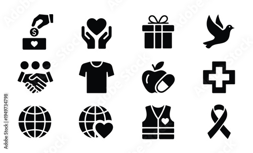 Humanitarian aid icon collection, charity donation symbols illustrating nonprofit support, social responsibility, community care, volunteer service, kindness, and generosity for fundraising and social