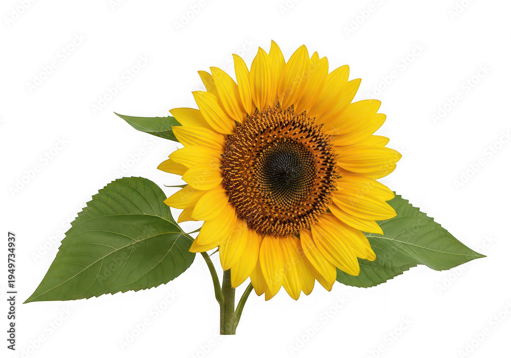Obraz premium Beautiful yellow sunflower with green leaves