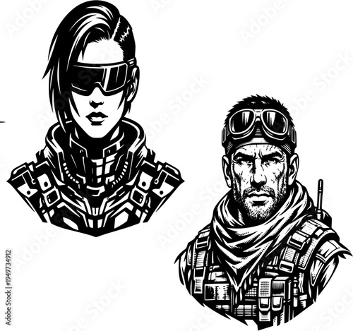 Futuristic explorer avatar icons set, sci fi gaming profile vector characters
