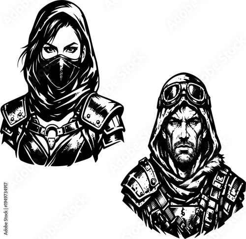 Ninja assassin and rogue adventurer avatar icons set, gaming profile vector characters