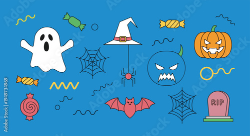 Collection of colorful halloween icons including ghosts pumpkins bats and spiders on a blue background for festive decorations.