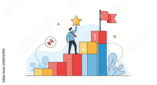 Successful businessman standing on a bar graph holding a golden star to represent achievement goals and reaching the top.