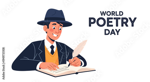 Illustration of a smiling man in a suit writing poetry on World Poetry Day with a quill pen and book in a classic literary style.