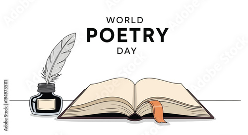 Vector illustration of an open book with a quill pen and inkwell on a white background, celebrating World Poetry Day with a literary arts concept and poetry writing inspiration.
