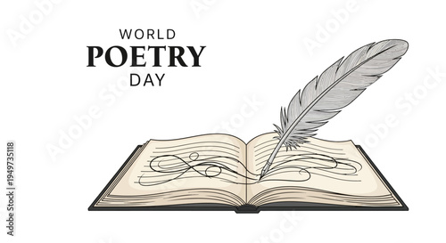 Vector illustration of an open book with a quill pen on World Poetry Day, symbolizing poetry writing and literature celebration.