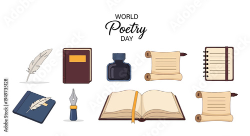 Illustration of World Poetry Day celebration with various literary items on a white background, featuring quill pens, inkwells, notebooks, and scrolls in a vector style.