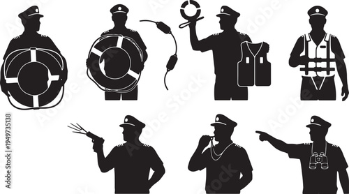 Black Solid Captain Holding Life Ring Set of Six