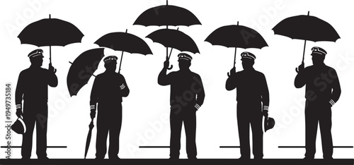 Black Solid Captain Holding Umbrella Rain Set of Six