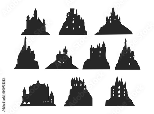 Fantasy Medieval Castle Silhouette on Hill Background Set