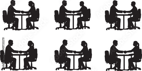 Black Solid Career Coach Desk Handshake Silhouettes Set of Six on White Background