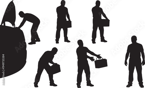 Black Solid Mechanic Battery Install Silhouettes Set of Six on White Background