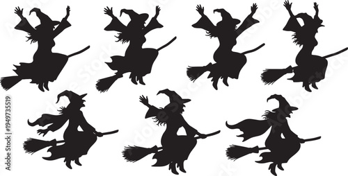 Black Solid Celebratory Witch Flight Silhouettes Set of Six on White Background