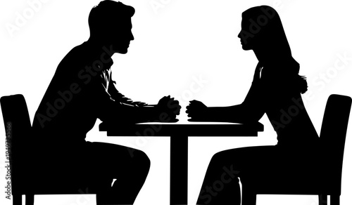 set of Silhouette of a man and a woman sitting at a table, facing each other, engaged in a conversation or a romantic date.
 on white background