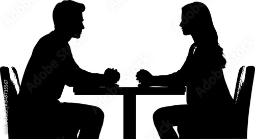 set of Silhouette of a man and a woman sitting at a table, facing each other, engaged in a conversation or a romantic date.
 on white background