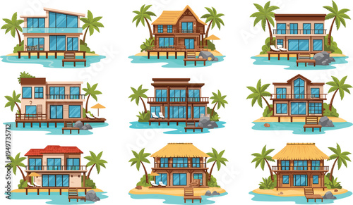 Modern Tropical Villa Illustration Set with Luxury Island Resort Houses and Palm Trees in Sketch Style for High-End Travel Branding and Summer Vacation Graphics