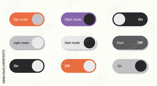 Collection of modern UI toggle switches, day and night mode buttons with light and dark theme controls, minimal interface elements for app settings, user interface design, and digital dashboard system