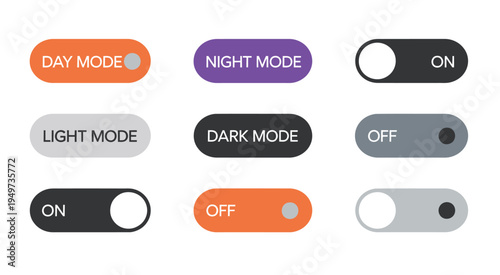 Collection of modern UI toggle switches, light and dark mode controls with day and night icons, clean interface buttons for application settings, website themes, and modern digital product design.