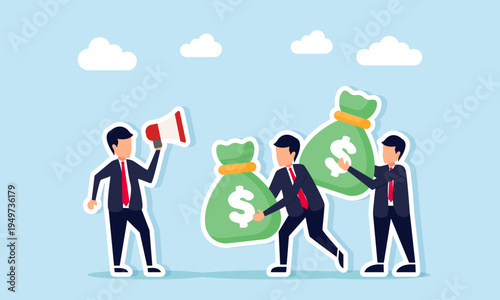 Businessman using a megaphone to give instructions to another businessman carrying a money sack illustration of teamwork in managing company finance
