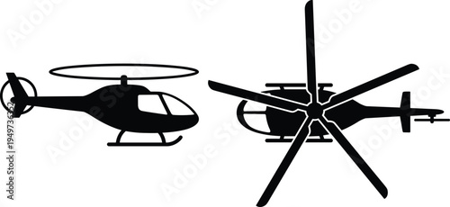 Helicopter silhouette set side and top view aircraft chopper aviation transport vector illustration isolated black design