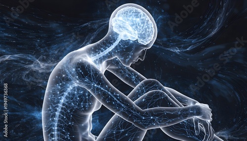 Holographic human body with glowing brain in a contemplative pose