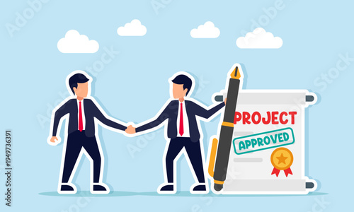 Businessmen shaking hands near project approval document while one holds a pen illustration of collaboration to obtain project approval