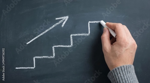 Hand drawing upward stair steps and arrow on chalkboard, symbolizing growth, progress, and success