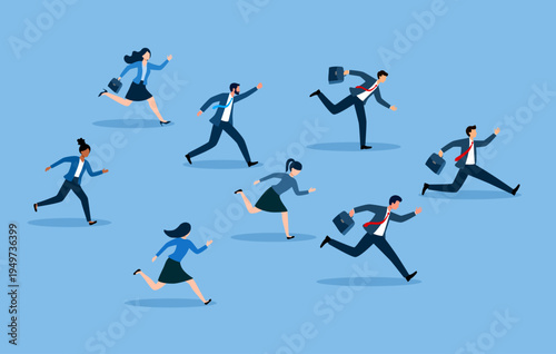 Office workers race or sprint. Business competition or rivalry between employees or colleagues in flat design. Man and woman run to their goals.