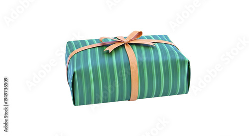 Gift Box Wrapped in Green Leaf Pattern with Orange Ribbon