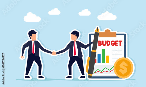 Businessmen shaking hands near budget document with chart and dollar coins while one holds a pen illustration of collaboration to plan business project budgeting