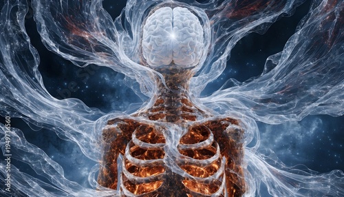 surreal digital painting of human skeleton with glowing brain and ethereal smoke