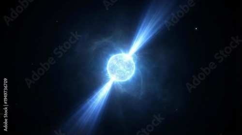 Cosmic scene of a pulsar generating enormous gravity and turbulent magnetic energy, wrapped in a cold blue aura that illuminates surrounding space and reveals the mysterious beauty of astrophysics