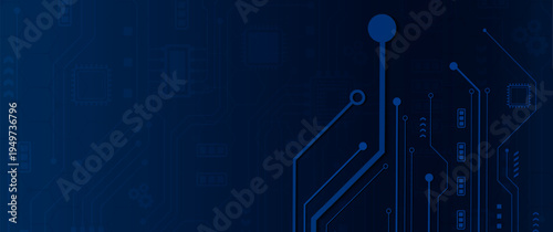 Deep blue circuit board technology background with electronic connection lines and microchips