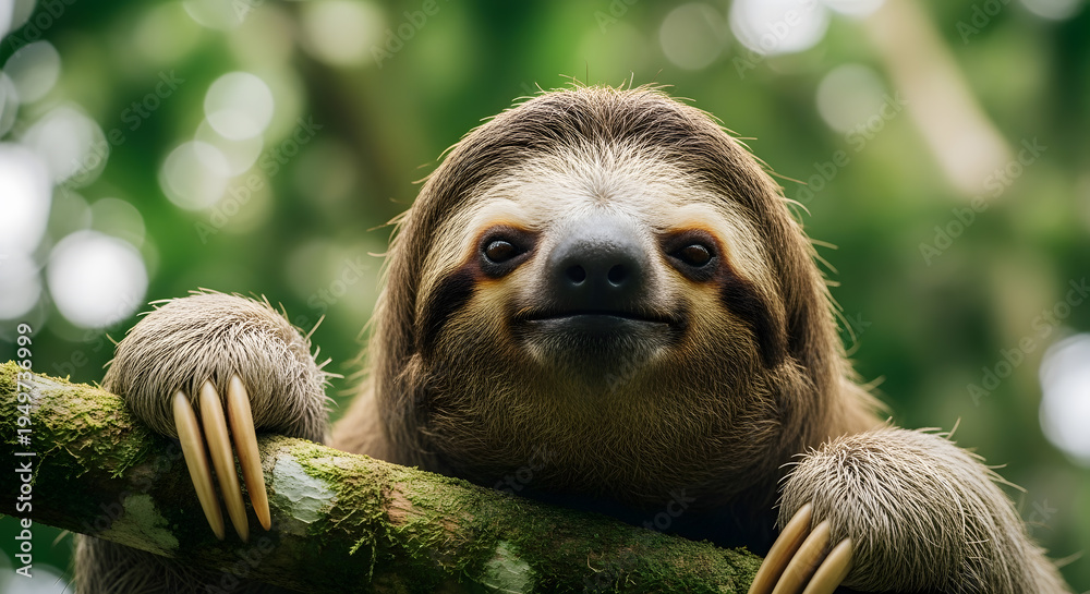 Fototapeta premium Cute three-toed sloth smiling while hanging from a tree branch in the jungle