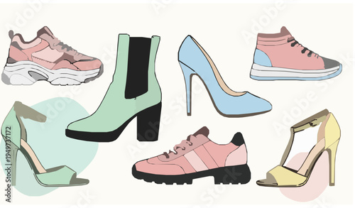 Fashion footwear shoes boots pastel vector set