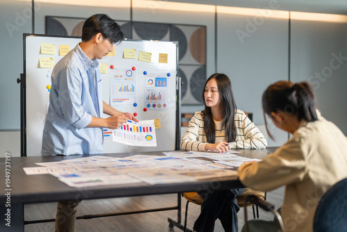 Asian event organizers team planning seminar schedule on whiteboard in office, Young business committee discussing conference management, workshop logistics and execution strategy concept