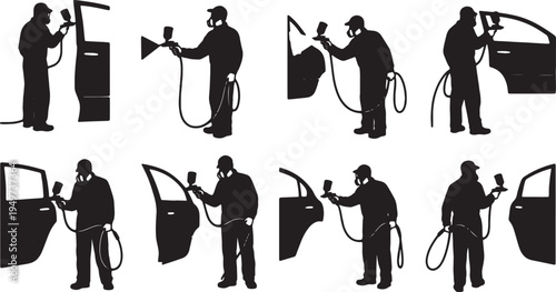 Black Solid Auto Body Painter Pneumatic Sprayer Role Silhouettes Set of Six on White Background