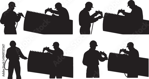 Black Solid Aircraft Assembler Rivet Gun Role Silhouettes Set of Six on White Background
