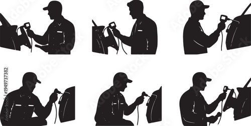Black Solid Auto Diagnostician Electronic Scanner Role Silhouettes Set of Six on White Background