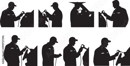 Black Solid Auto Diagnostician Electronic Scanner Role Silhouettes Set of Six on White Background