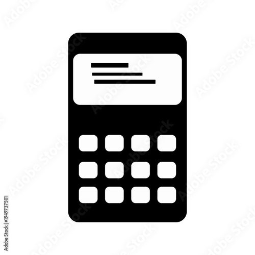 An electronic digital calculator icon with a black keypad and display isolated on a white background for business accounting, financial math, and office technology