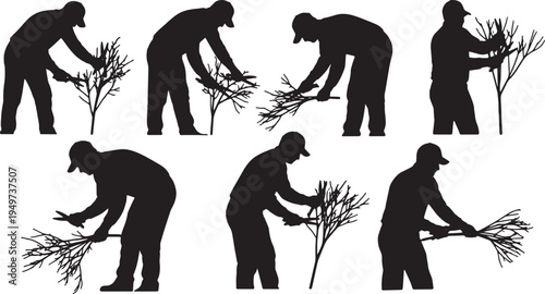 Black Solid Botanical Nursery Worker Secateur Role Silhouettes Set of Six on White Background