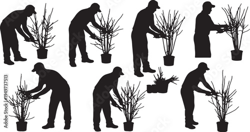 Black Solid Botanical Nursery Worker Secateur Role Silhouettes Set of Six on White Background