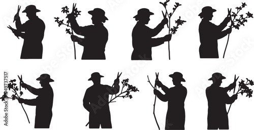 Black Solid Botanical Nursery Worker Secateur Role Silhouettes Set of Six on White Background