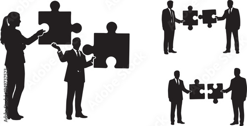 Black Solid Business Analysts Connecting Puzzle Silhouettes Set of Six on White Background