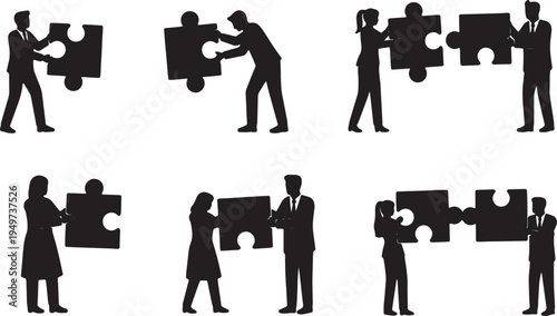 Black Solid Business Analysts Connecting Puzzle Silhouettes Set of Six on White Background