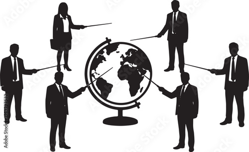 Black Solid Business Analysts Laser Pointer Globe Silhouettes Set of Six on White Background