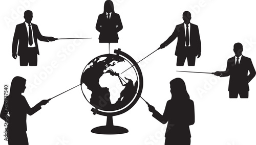 Black Solid Business Analysts Laser Pointer Globe Silhouettes Set of Six on White Background