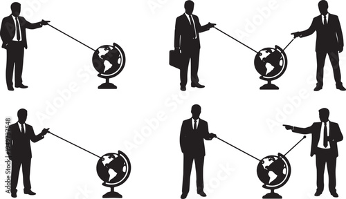 Black Solid Business Analysts Laser Pointer Globe Silhouettes Set of Six on White Background