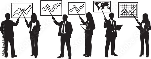 Black Solid Business Analysts Laser Pointer Silhouettes Set of Six on White Background