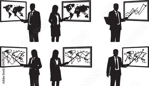 Black Solid Business Analysts Laser Pointer Silhouettes Set of Six on White Background